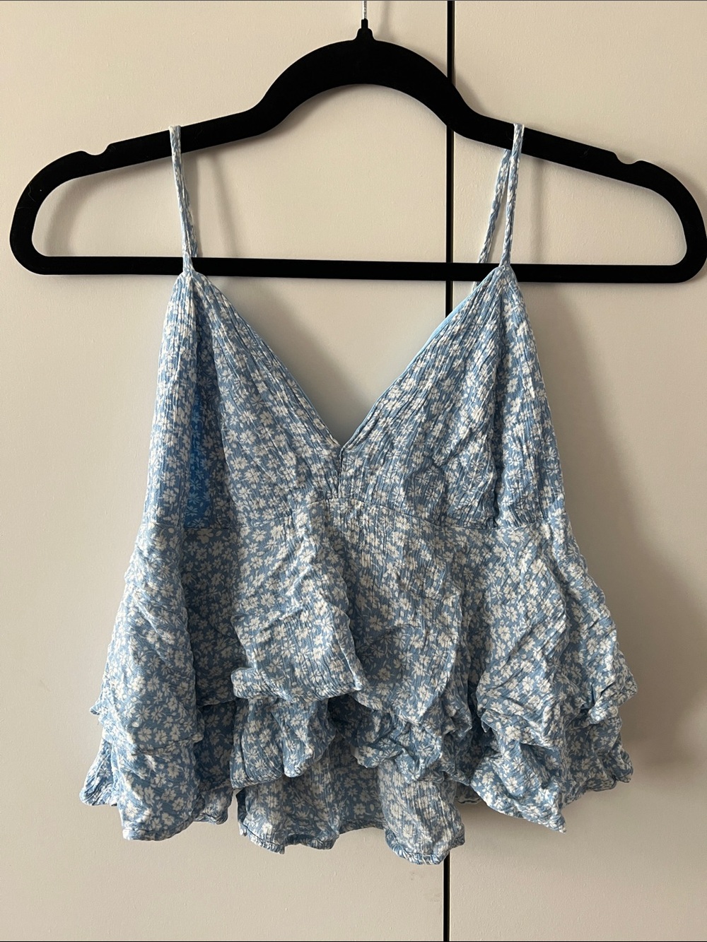 Light Blue Floral Ruffle Cami with Adjustable Straps